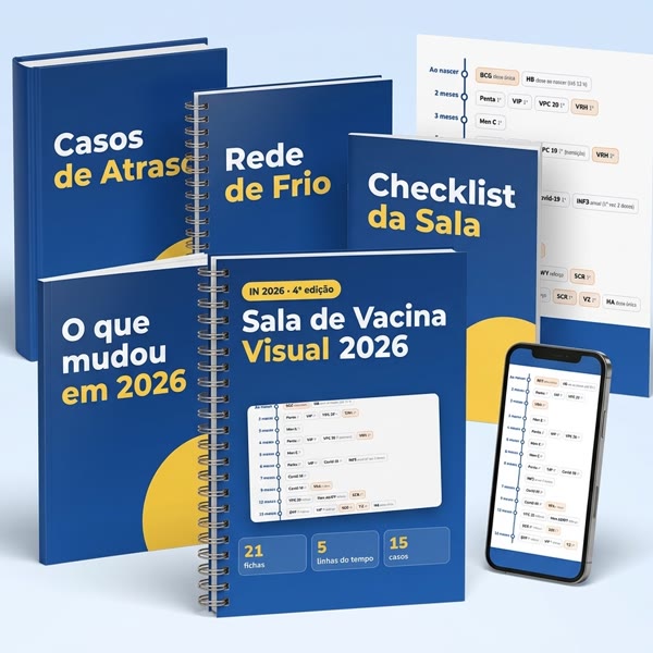 Guia Sala de Vacina Visual 2026 com os cadernos de casos de atraso, rede de frio, checklist da sala, o que mudou em 2026, quadro A3 e o PDF no celular